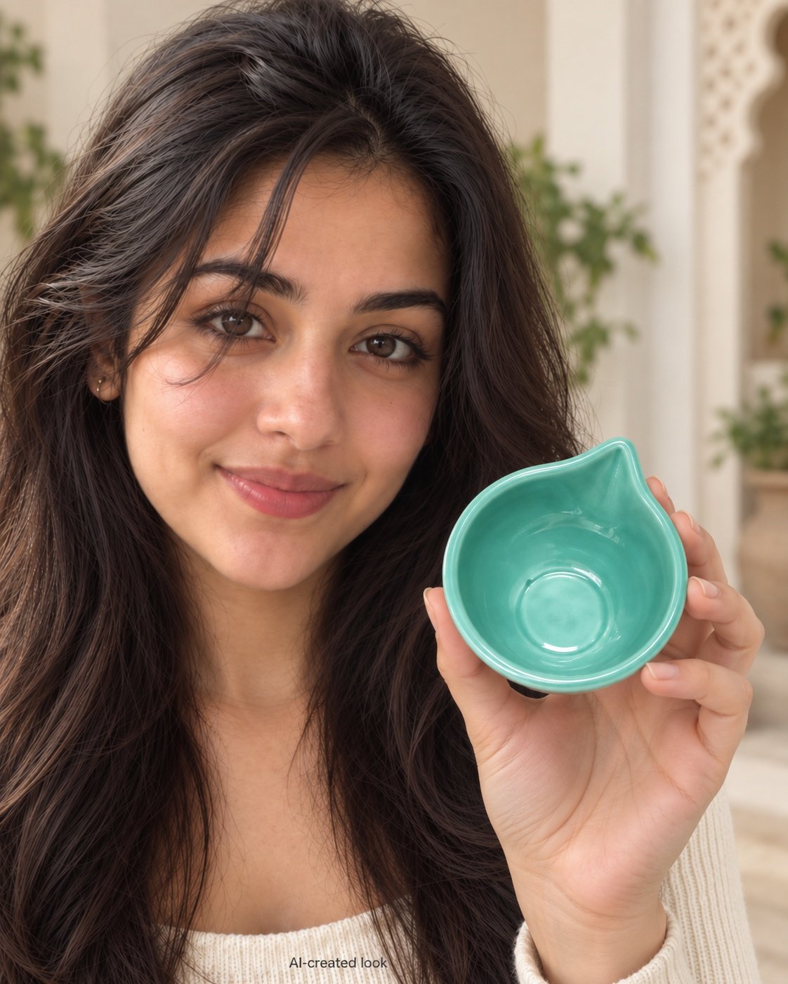 AI-created Maya detail view: Twelve turquoise/green simple teardrop bowls with the exact smooth shape and wick tip