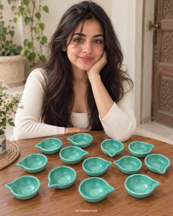 AI-created Maya main view: Twelve turquoise/green simple teardrop bowls with the exact smooth shape and wick tip