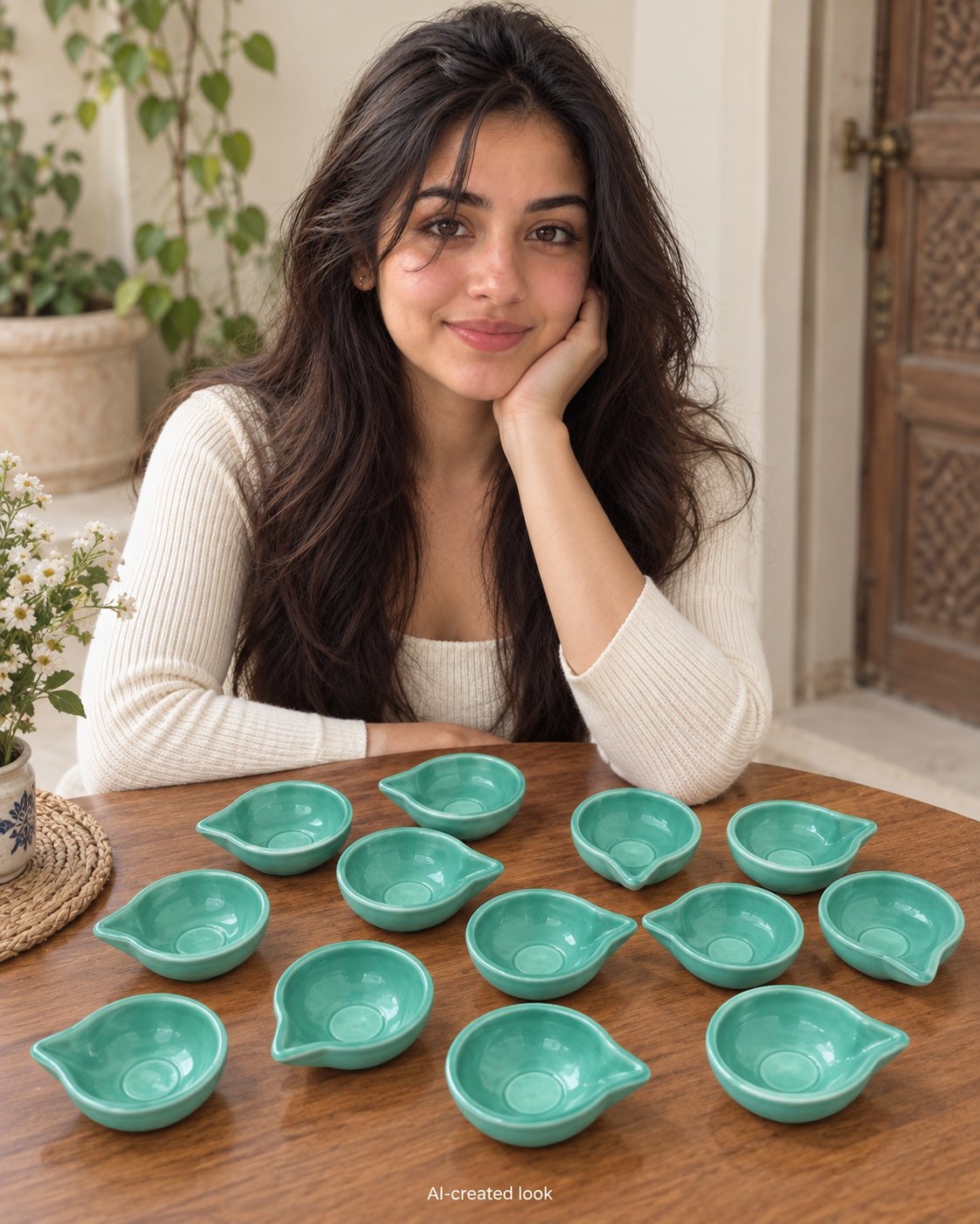 AI-created Maya main view: Twelve turquoise/green simple teardrop bowls with the exact smooth shape and wick tip