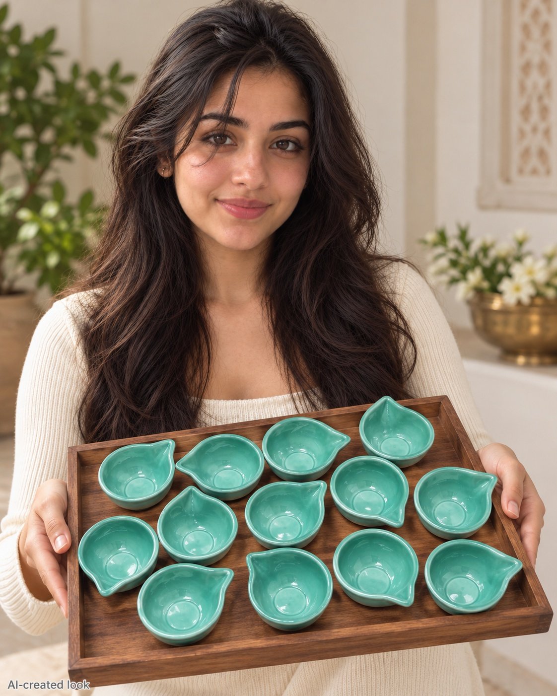 AI-created Maya showcase view: Twelve turquoise/green simple teardrop bowls with the exact smooth shape and wick tip