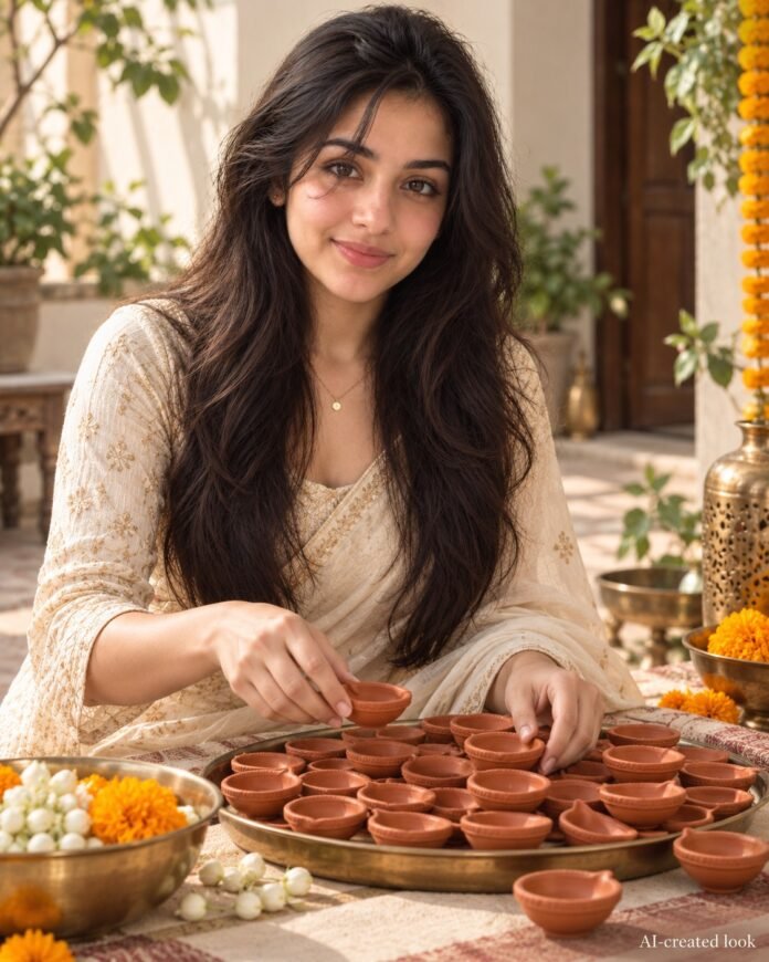 AI-created Maya styling inspiration: Saudeep India pack-of-51 terracotta clay diyas