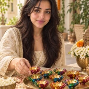 AI-created Maya styling inspiration: Ascension multicolour 3D reflective oil diya set of 12