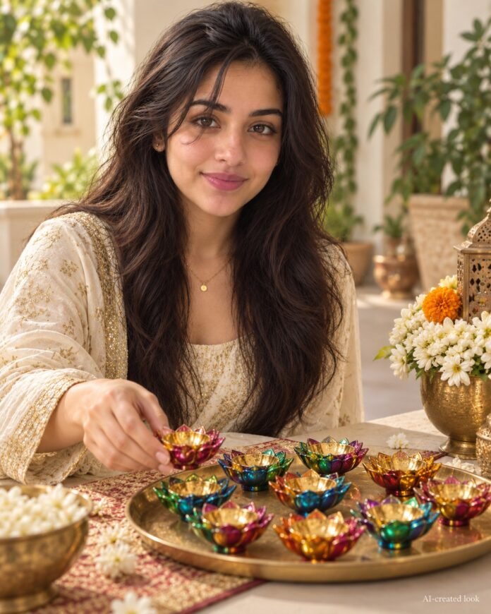 AI-created Maya styling inspiration: Ascension multicolour 3D reflective oil diya set of 12