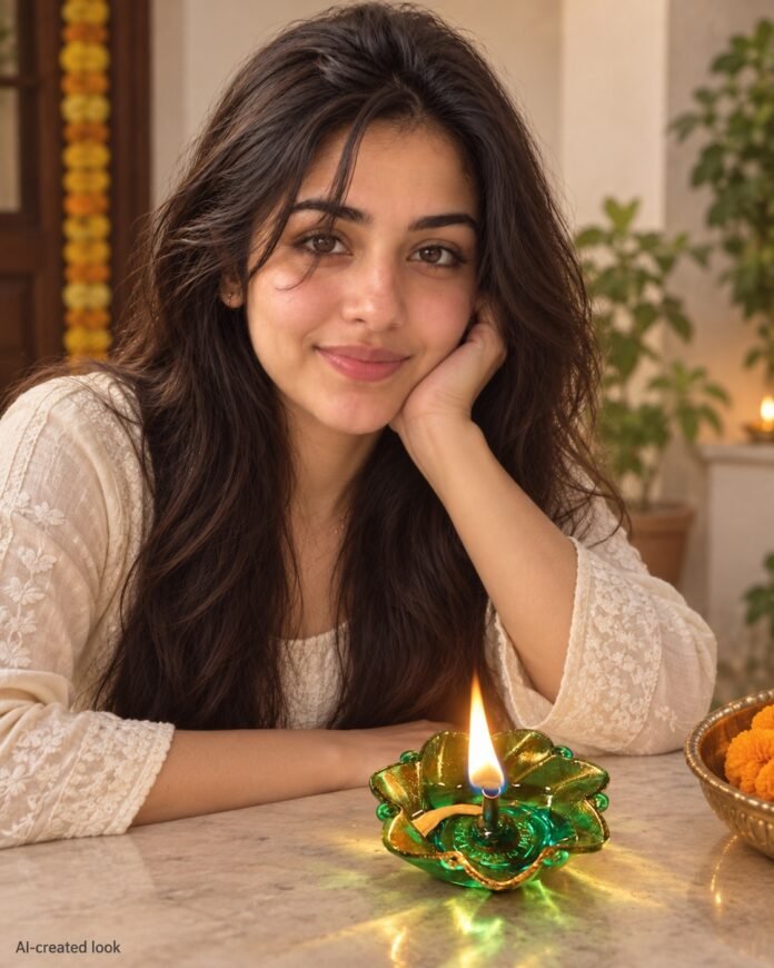 AI-created Maya main view: The actual green/gold translucent reflective flower-shaped oil diya seen in the product gallery, with its rounded petal rim, central bowl and wick