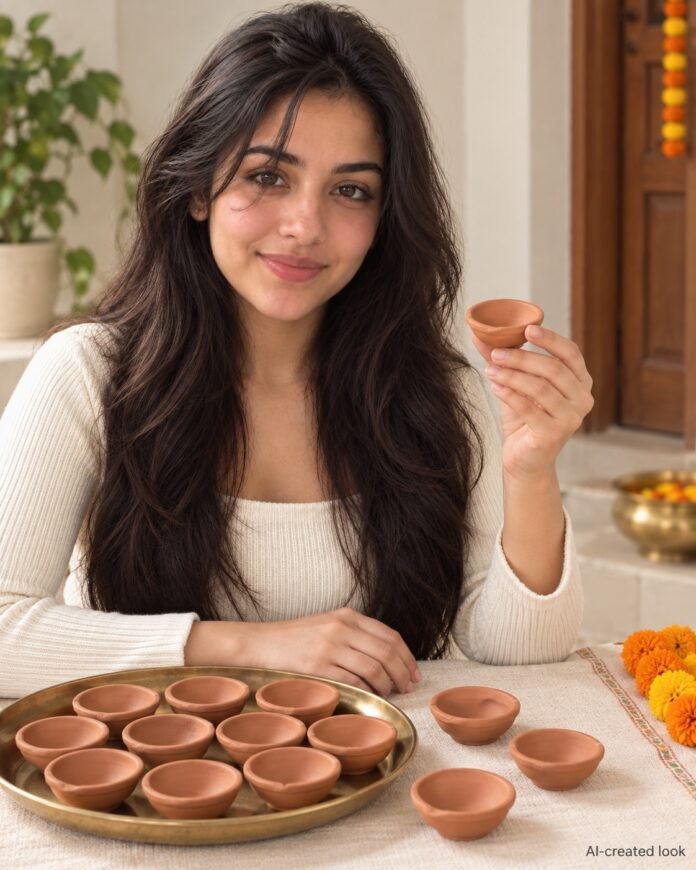 AI-created Maya main view: The actual plain unpainted terracotta round bowl diyas, smooth inner bowls and simple lips, without ornament
