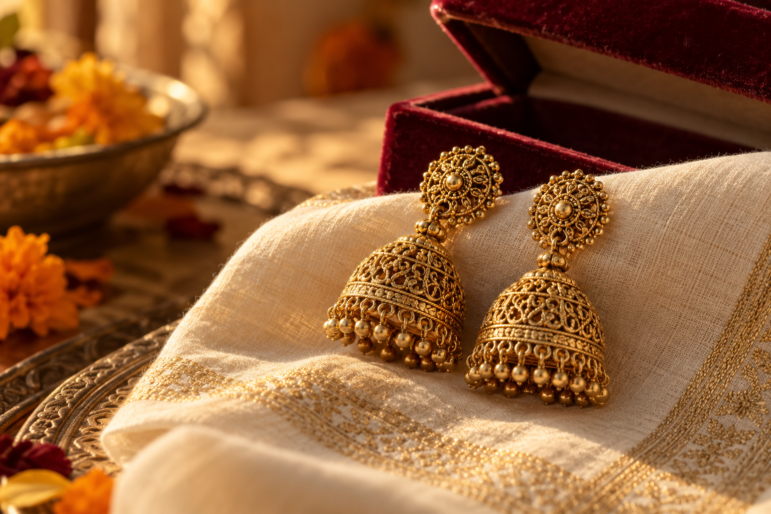 Gold-tone filigree jhumkas beside ivory fabric.