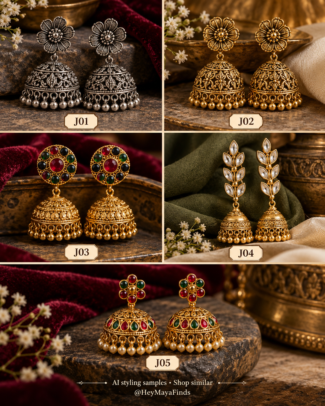 Five numbered jhumkas styling samples in a cinematic editorial collage.