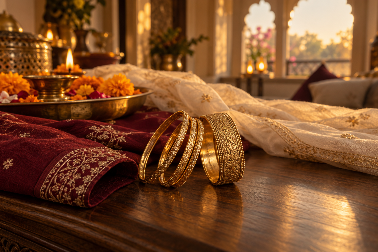 Gold-tone bangles beside burgundy and cream fabrics.
