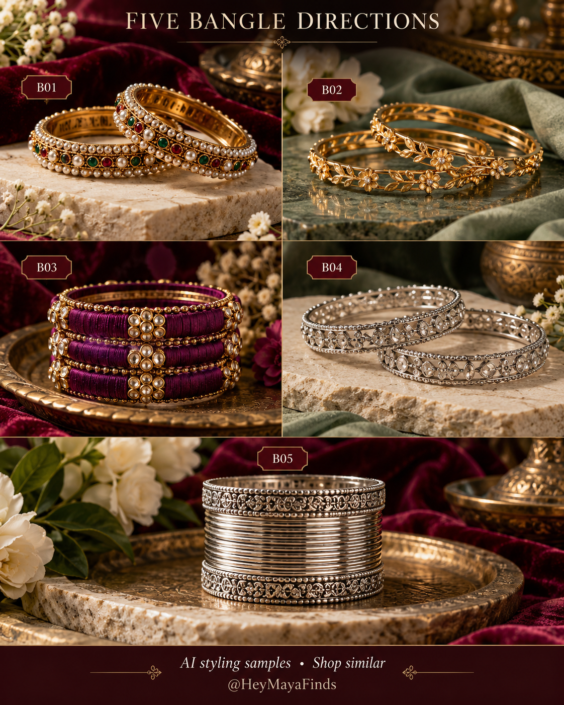 Five numbered bangles styling samples in a cinematic editorial collage.