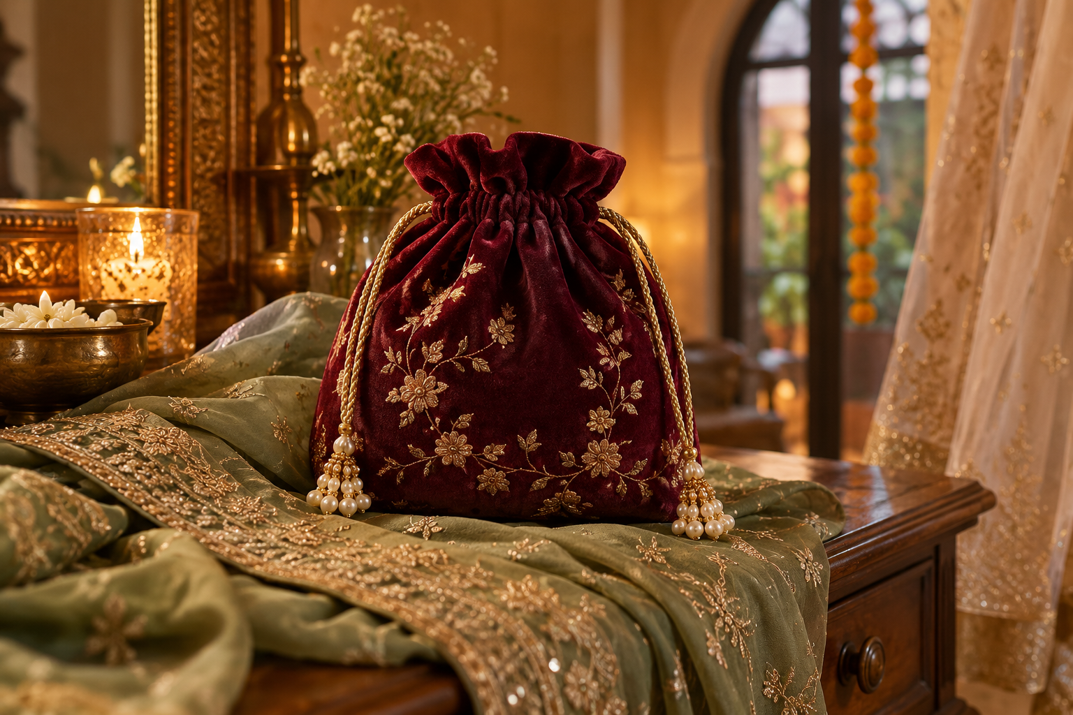 Burgundy potli against sage fabric.