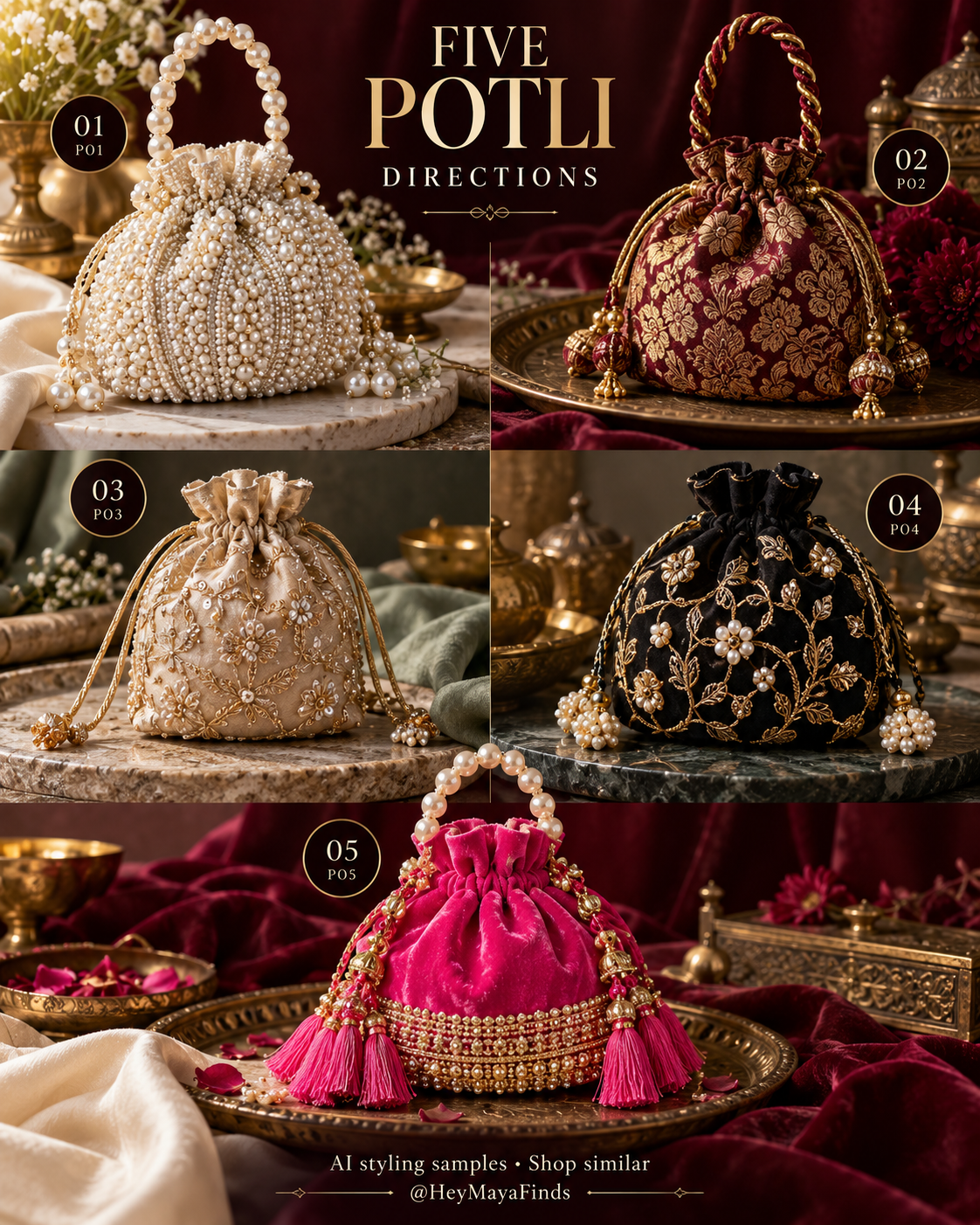 Five numbered potlis styling samples in a cinematic editorial collage.