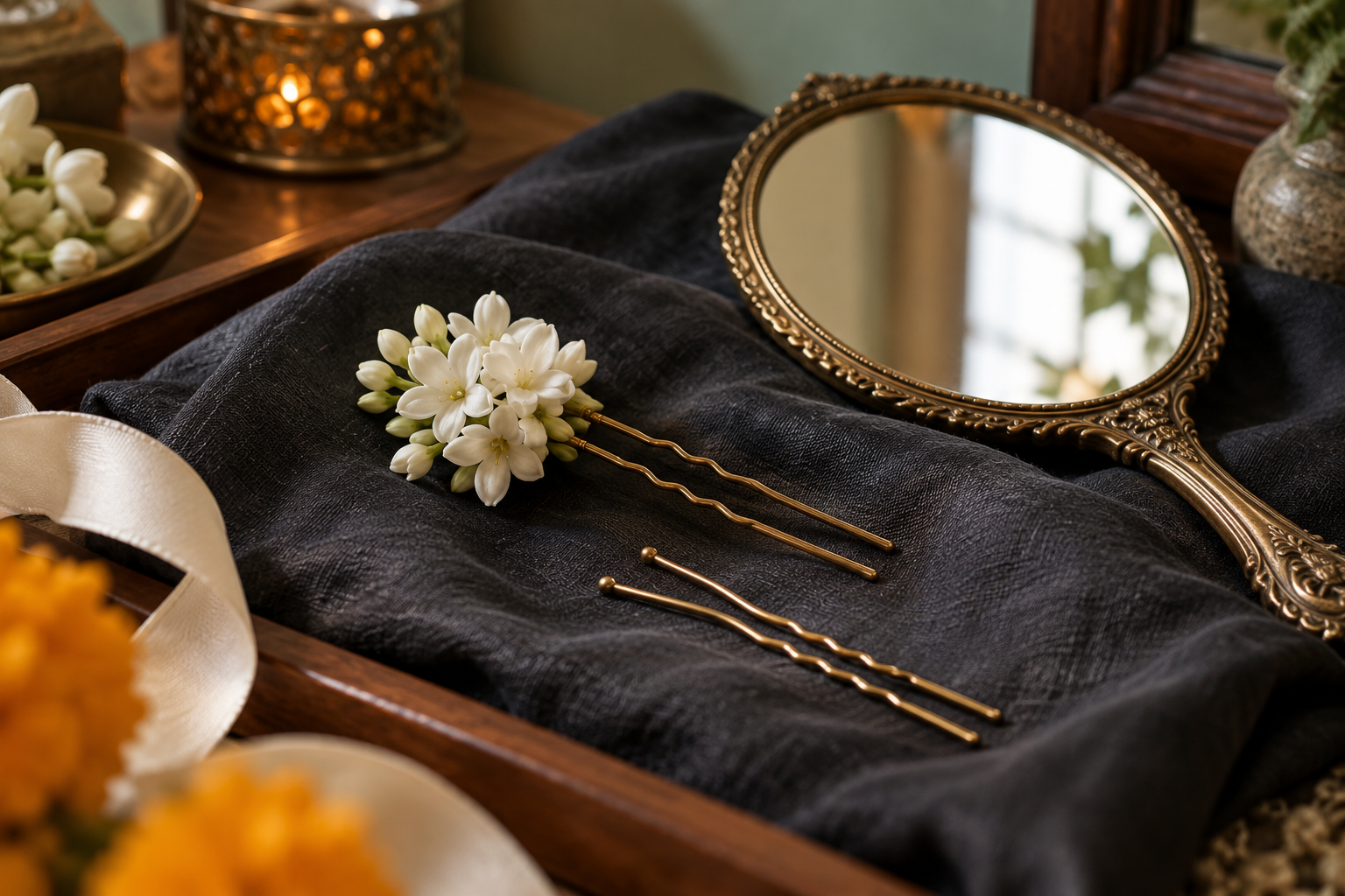 White floral hair accessory and gold-tone pins on dark fabric.