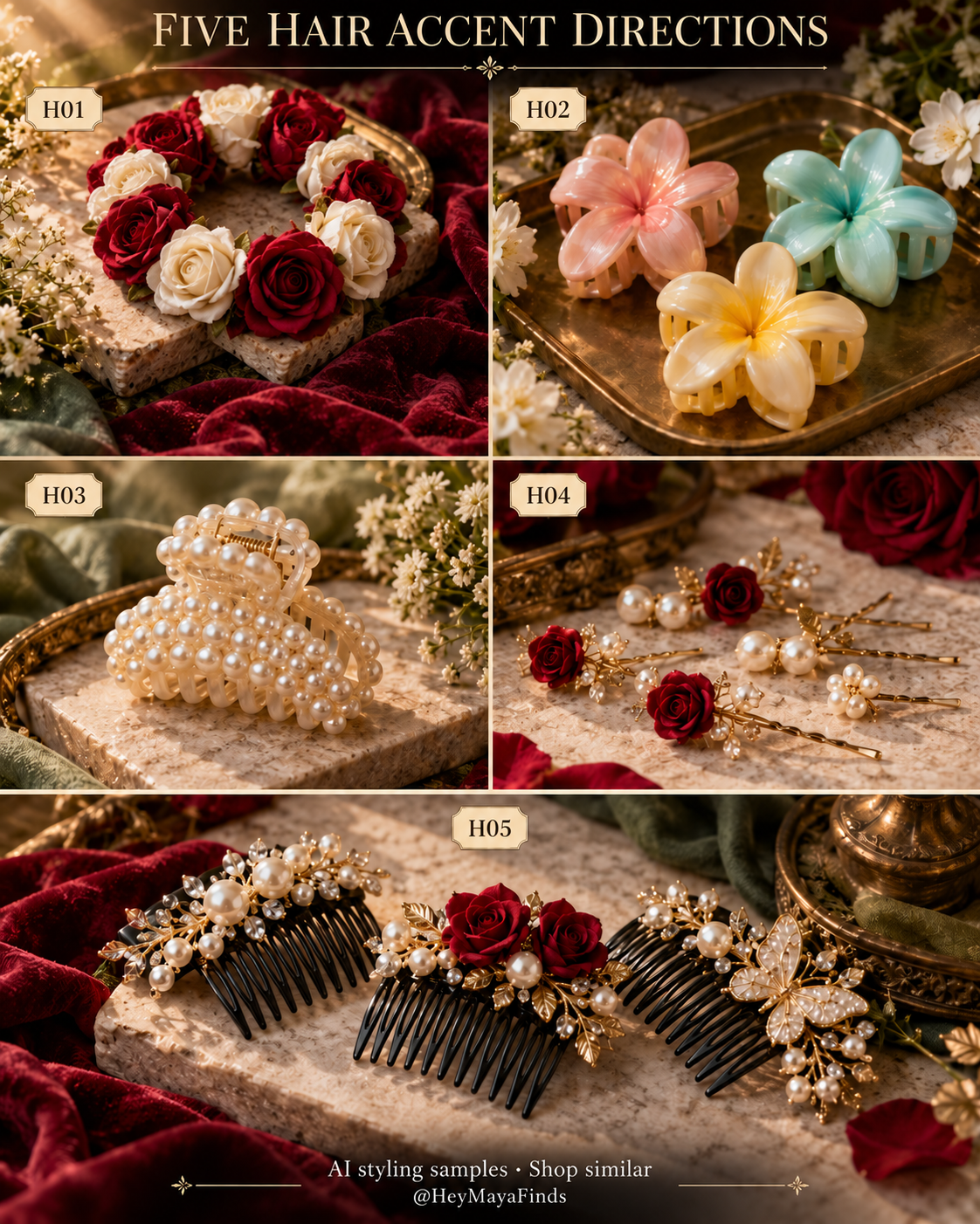 Five numbered hair styling samples in a cinematic editorial collage.