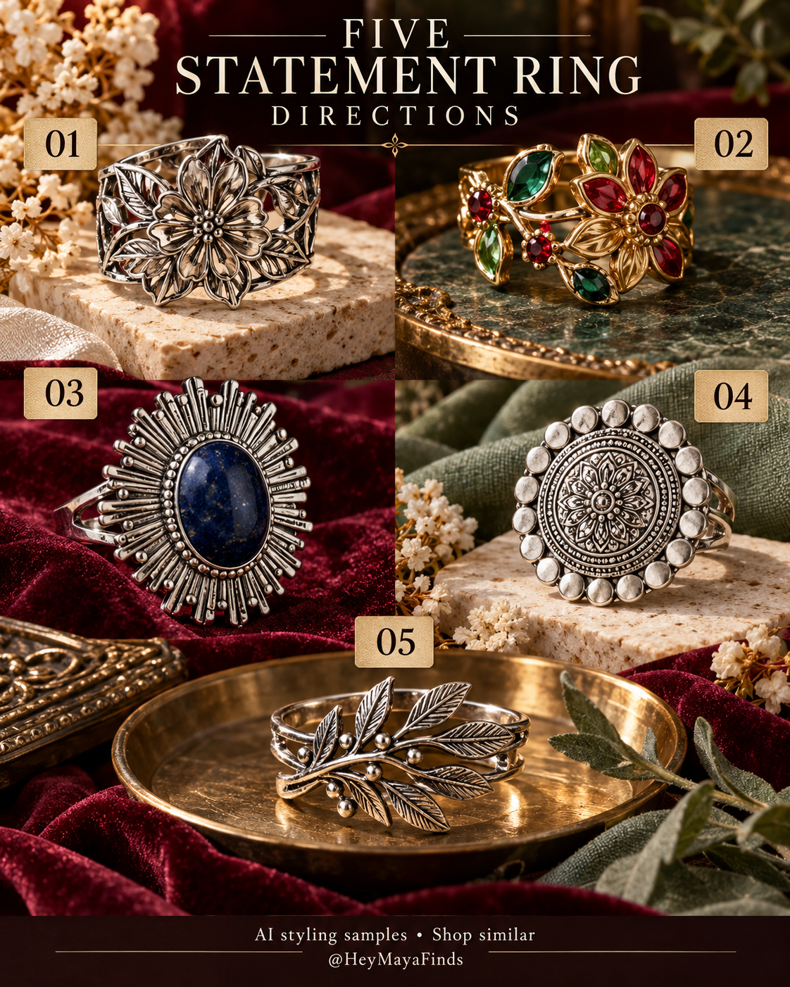 Five numbered rings styling samples in a cinematic editorial collage.