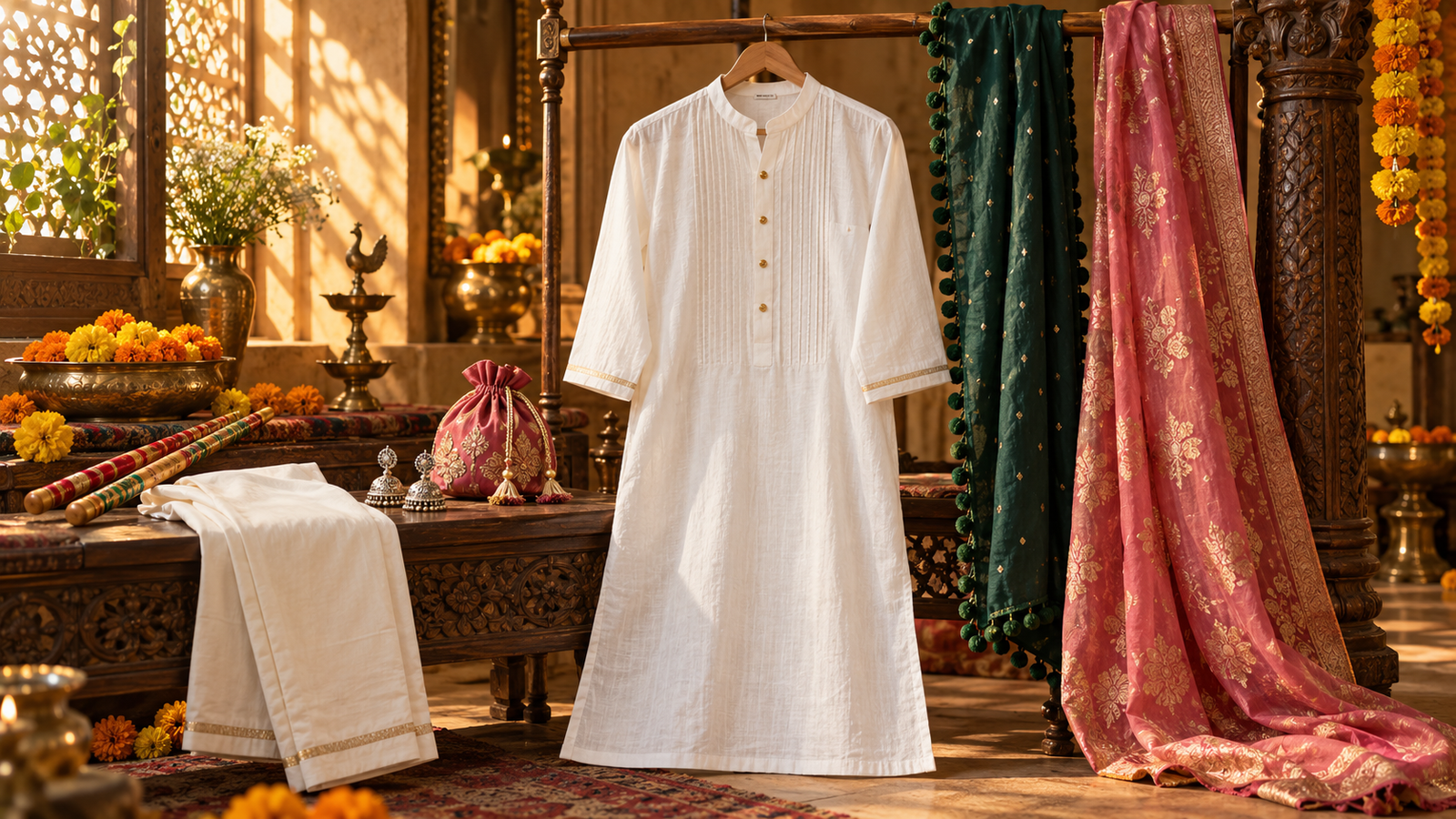 White pintuck kurta with ivory trousers, green and pink dupattas, jhumkas, potli and dandiya sticks in a festive preparation setting