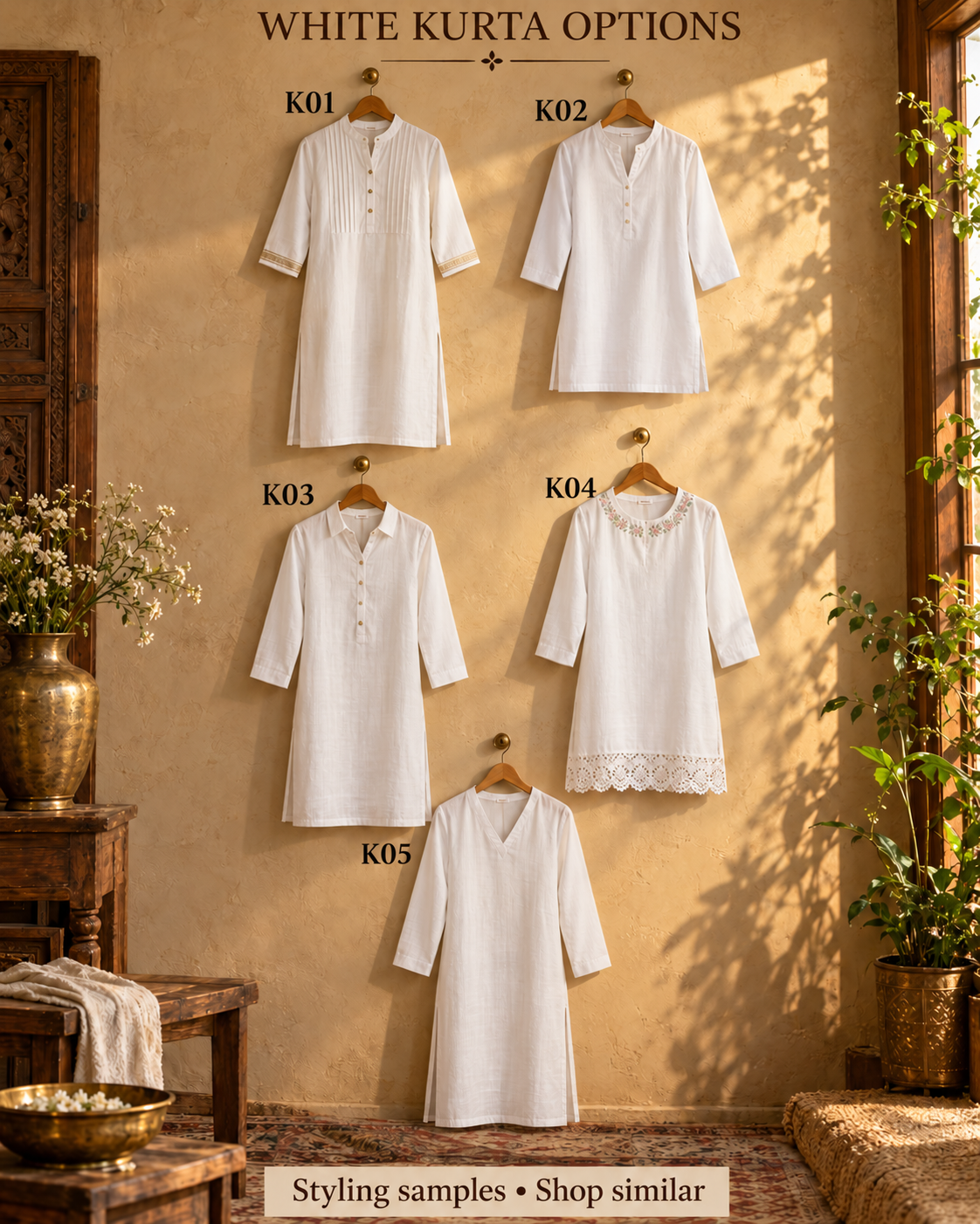 Five white kurta silhouettes labelled K01 through K05