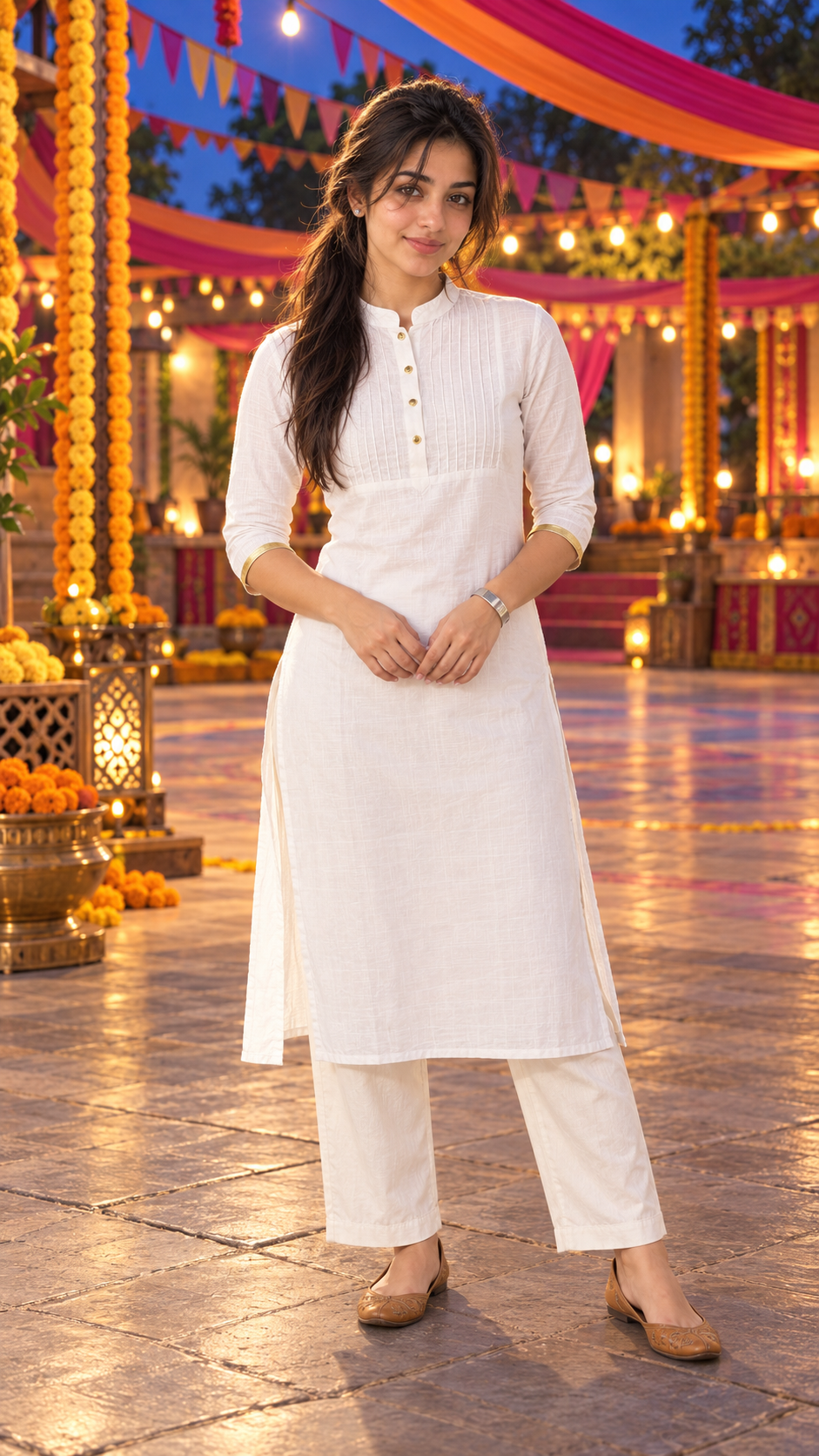 Maya in the same white kurta, ivory straight trousers, tan flat shoes and a low ponytail beside a decorated Garba courtyard