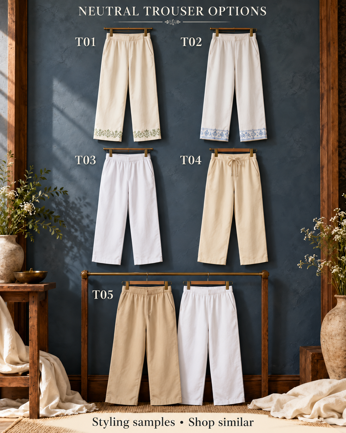 Five neutral trouser options labelled T01 through T05, with a two-piece pack at T05