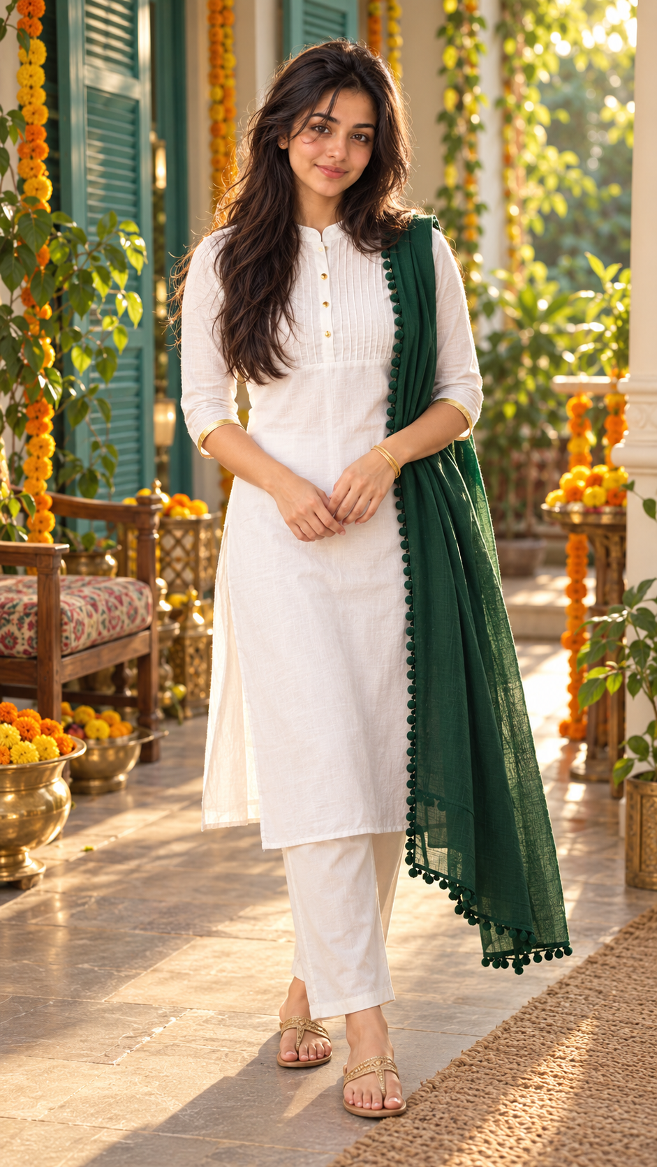 Maya in the unchanged white kurta and ivory trousers with a green pompom dupatta on a festive teal-shuttered veranda