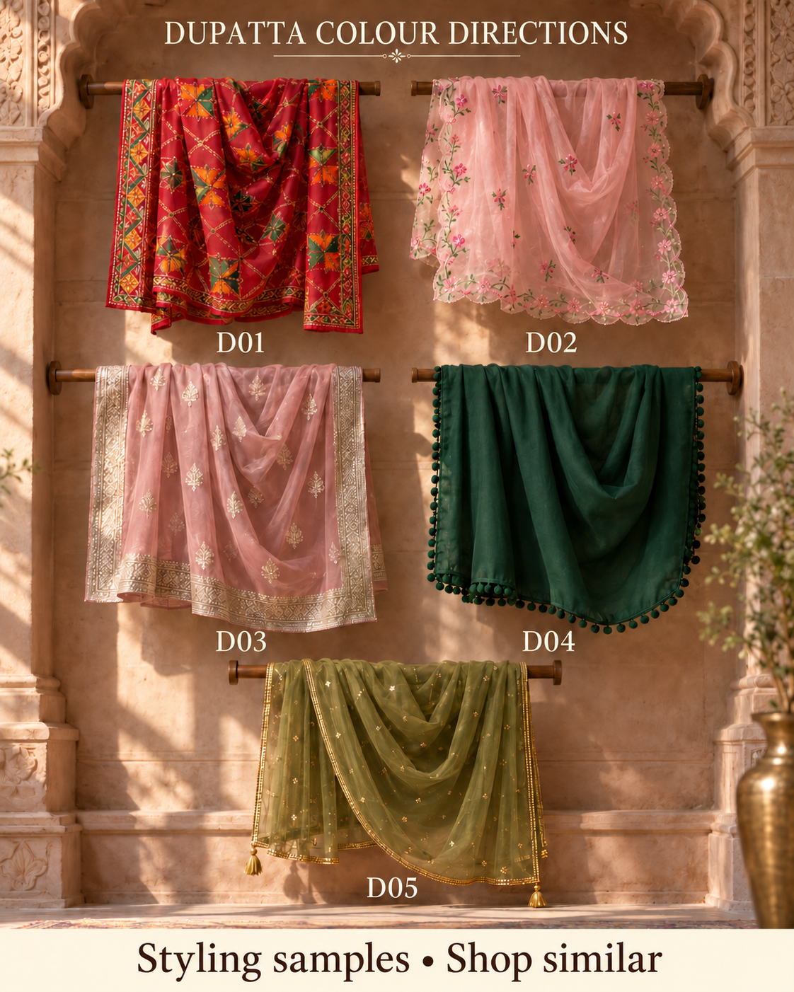 Five dupattas labelled D01 through D05 in red, pink and green directions