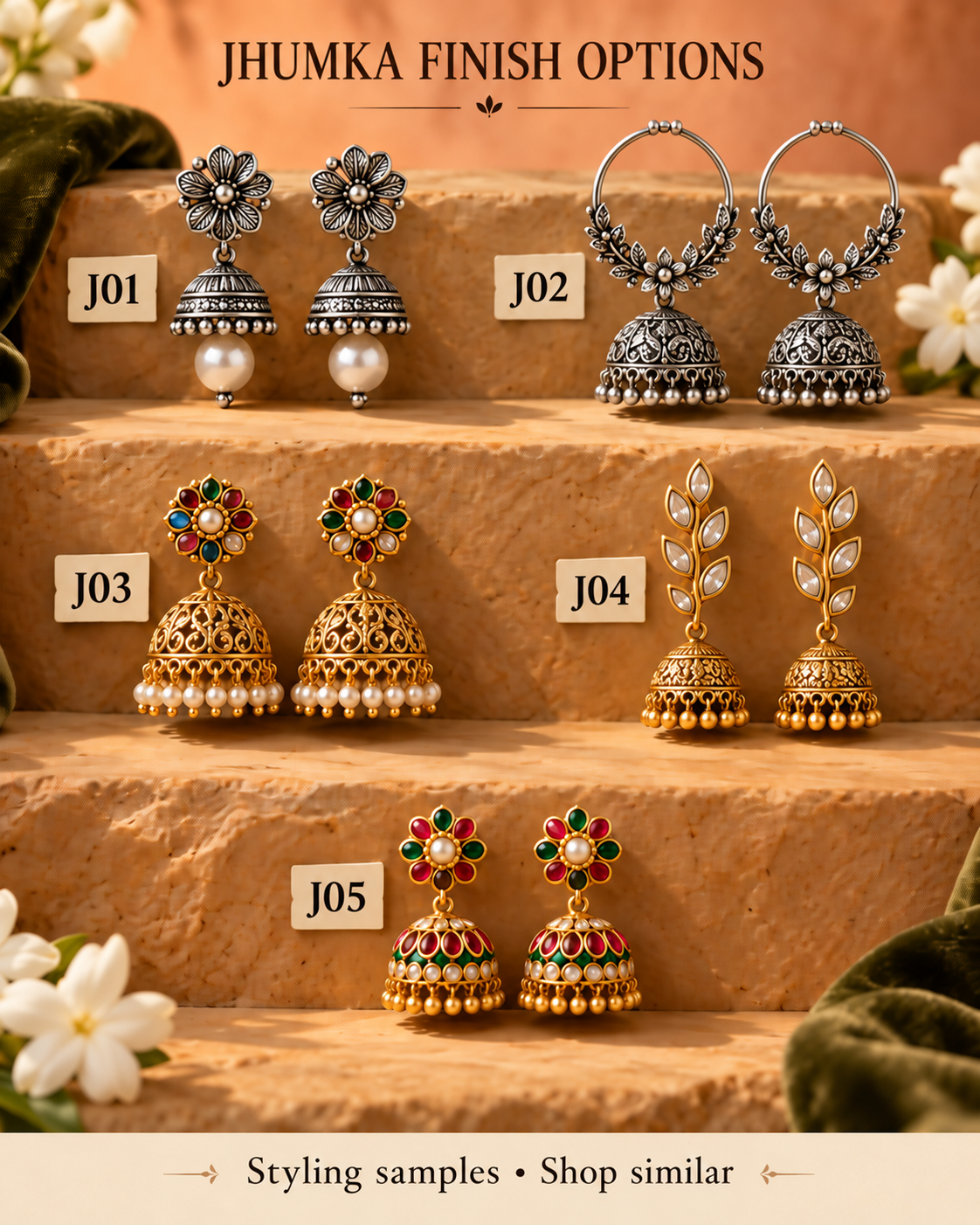 Five jhumka pairs labelled J01 through J05 with silver and gold-tone variations