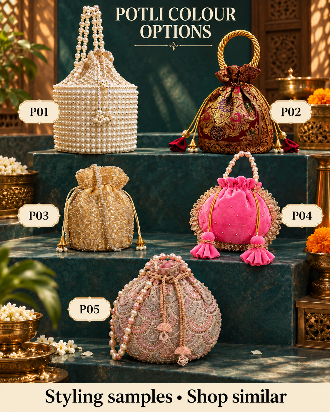 Five potlis labelled P01 through P05 in white, maroon, gold, pink and grey-pink