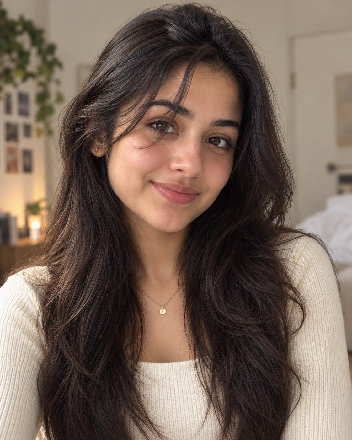 Maya in a cream knit top