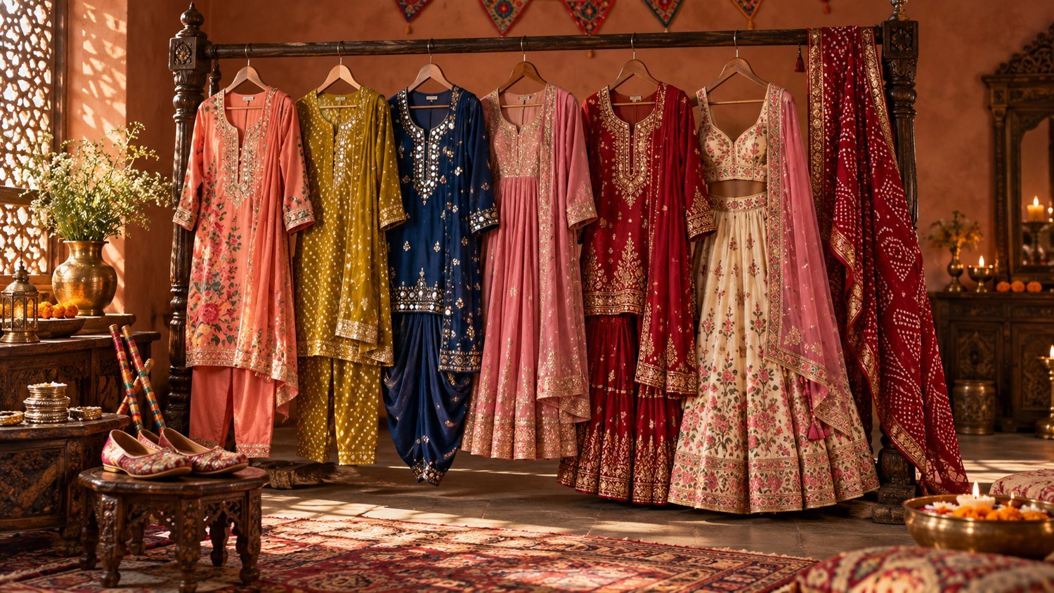 Seven colourful Navratri clothing directions on a carved wardrobe rail