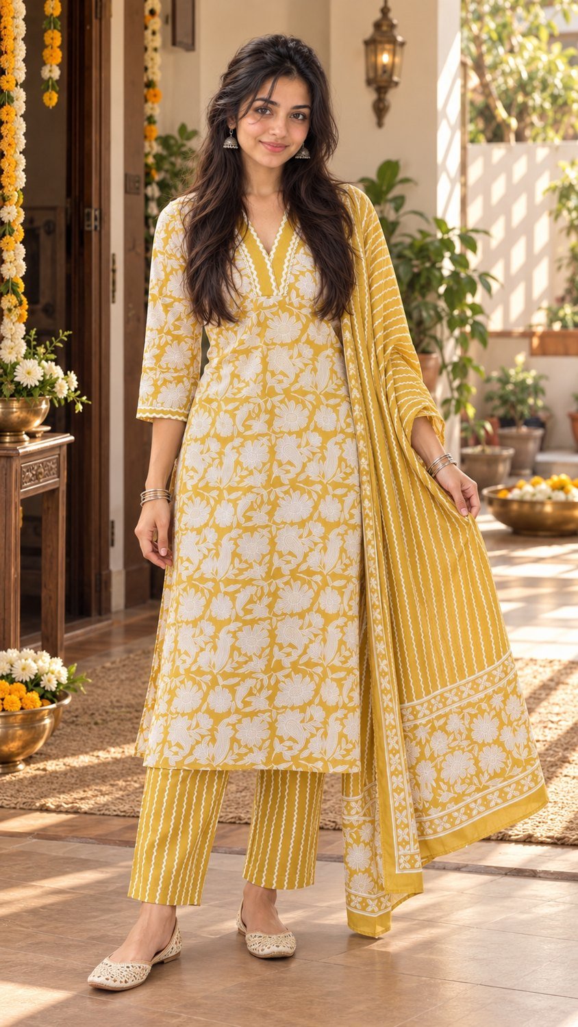 Mustard cotton for daytime puja with coordinated existing jewellery and flat footwear