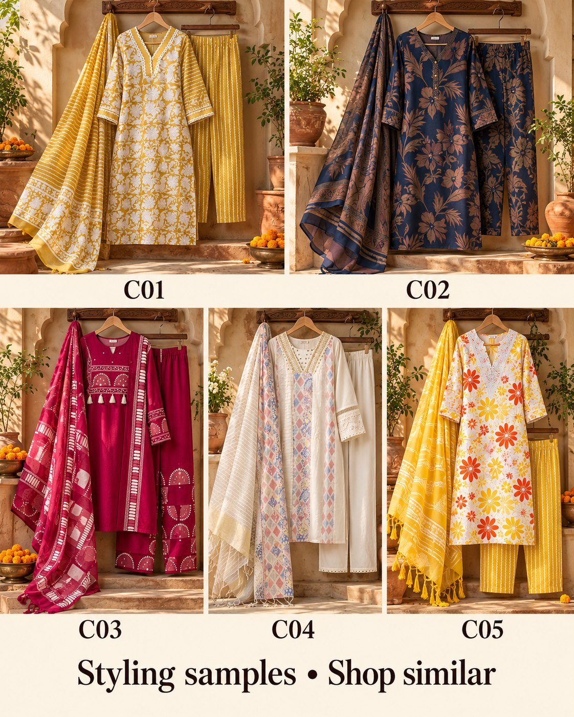 Five cotton sets styling samples labelled C01 to C05