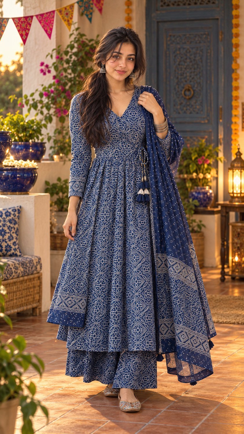 Navy Bandhani print for visits with coordinated existing jewellery and flat footwear