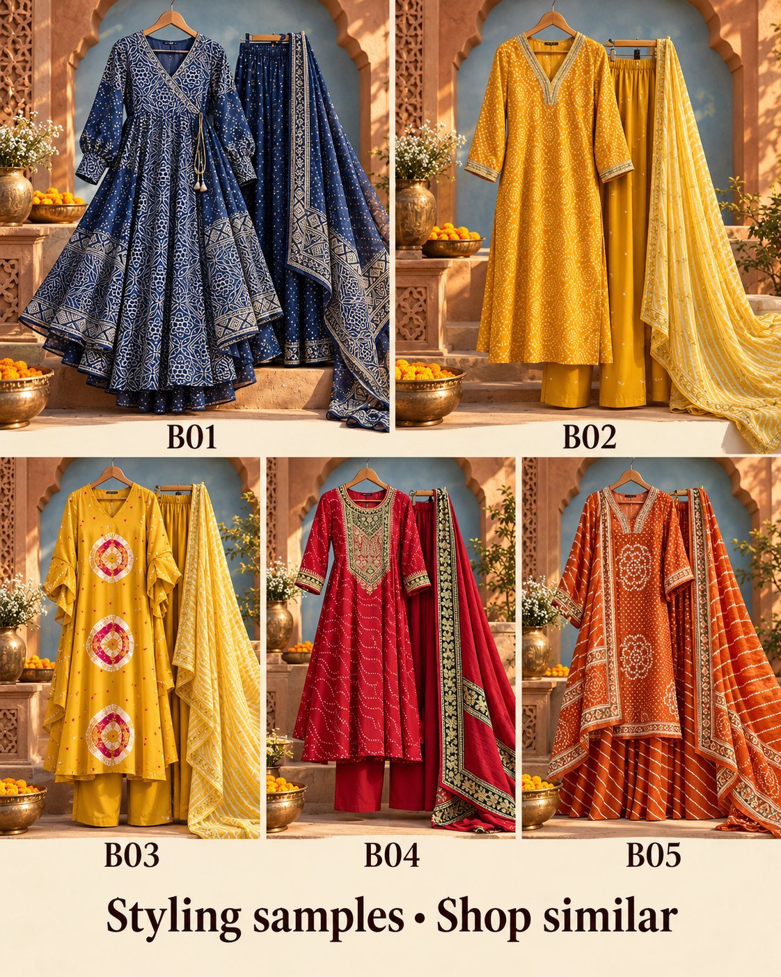 Five bandhani-print sets styling samples labelled B01 to B05