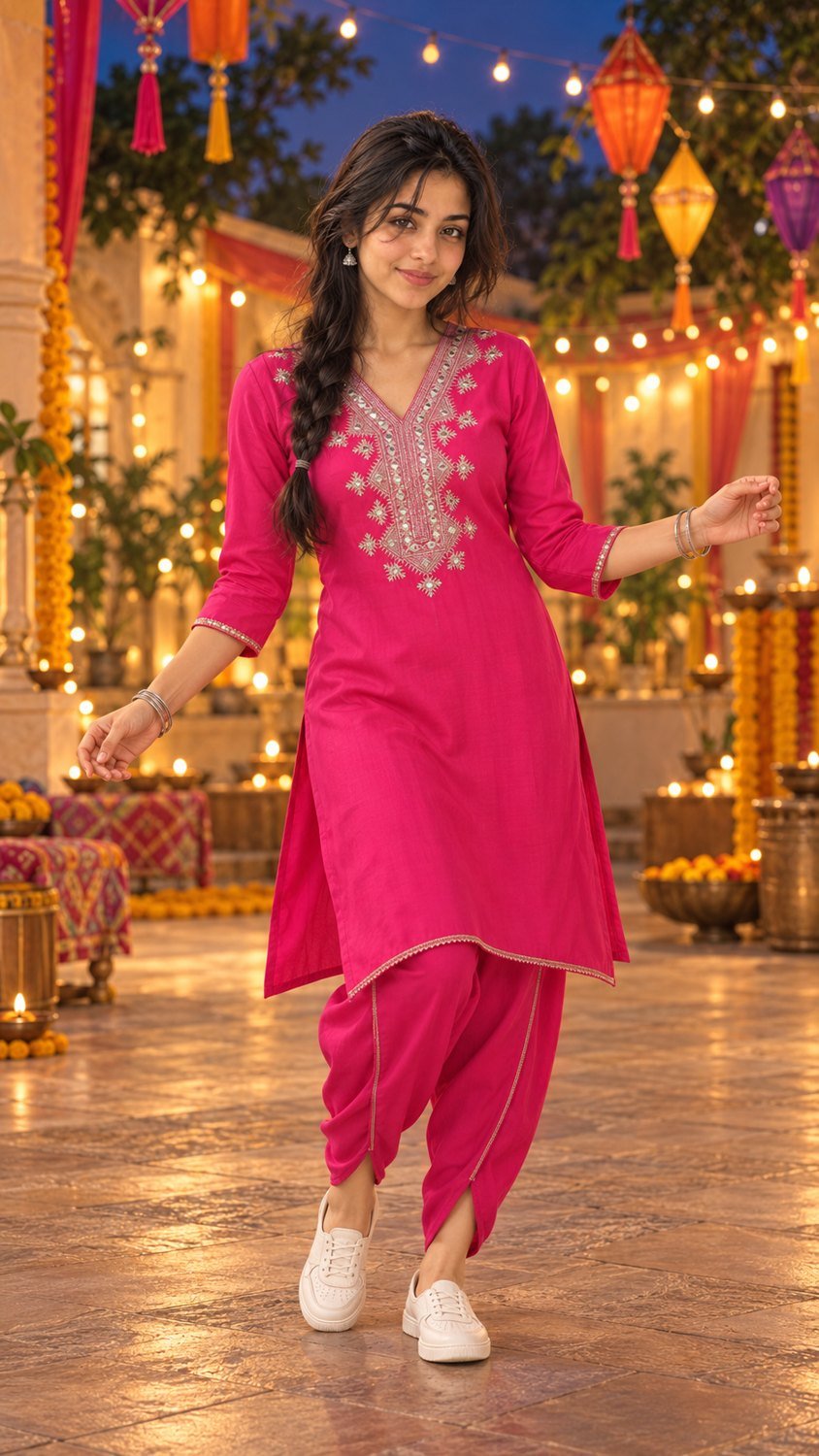 Fuchsia mirror accents for Garba with coordinated existing jewellery and flat footwear