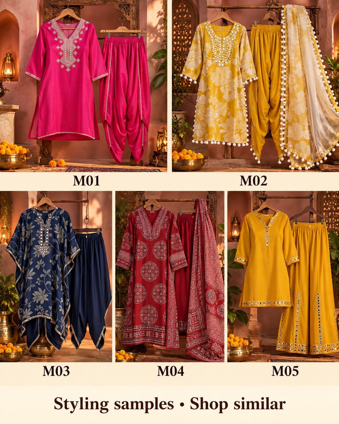 Five mirror-accent sets styling samples labelled M01 to M05