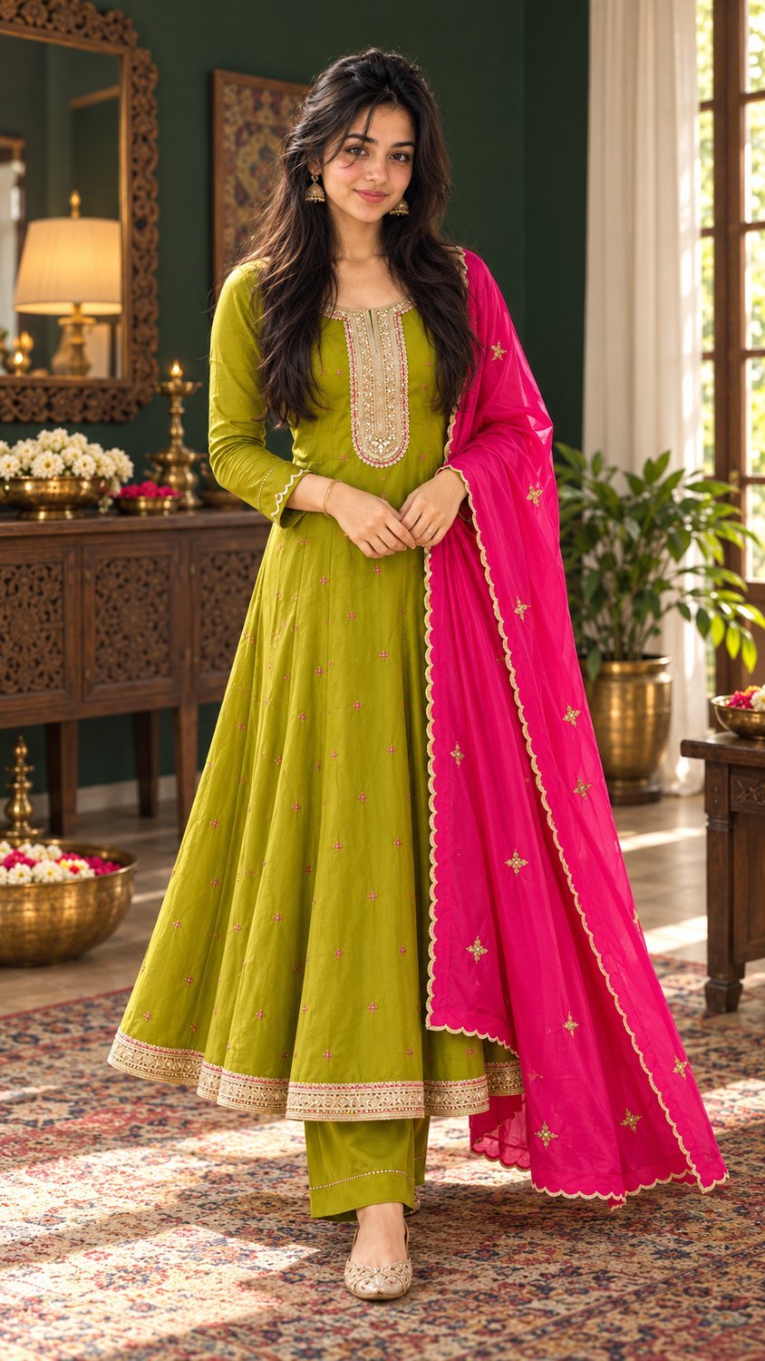 Green Anarkali for aarti gatherings with coordinated existing jewellery and flat footwear