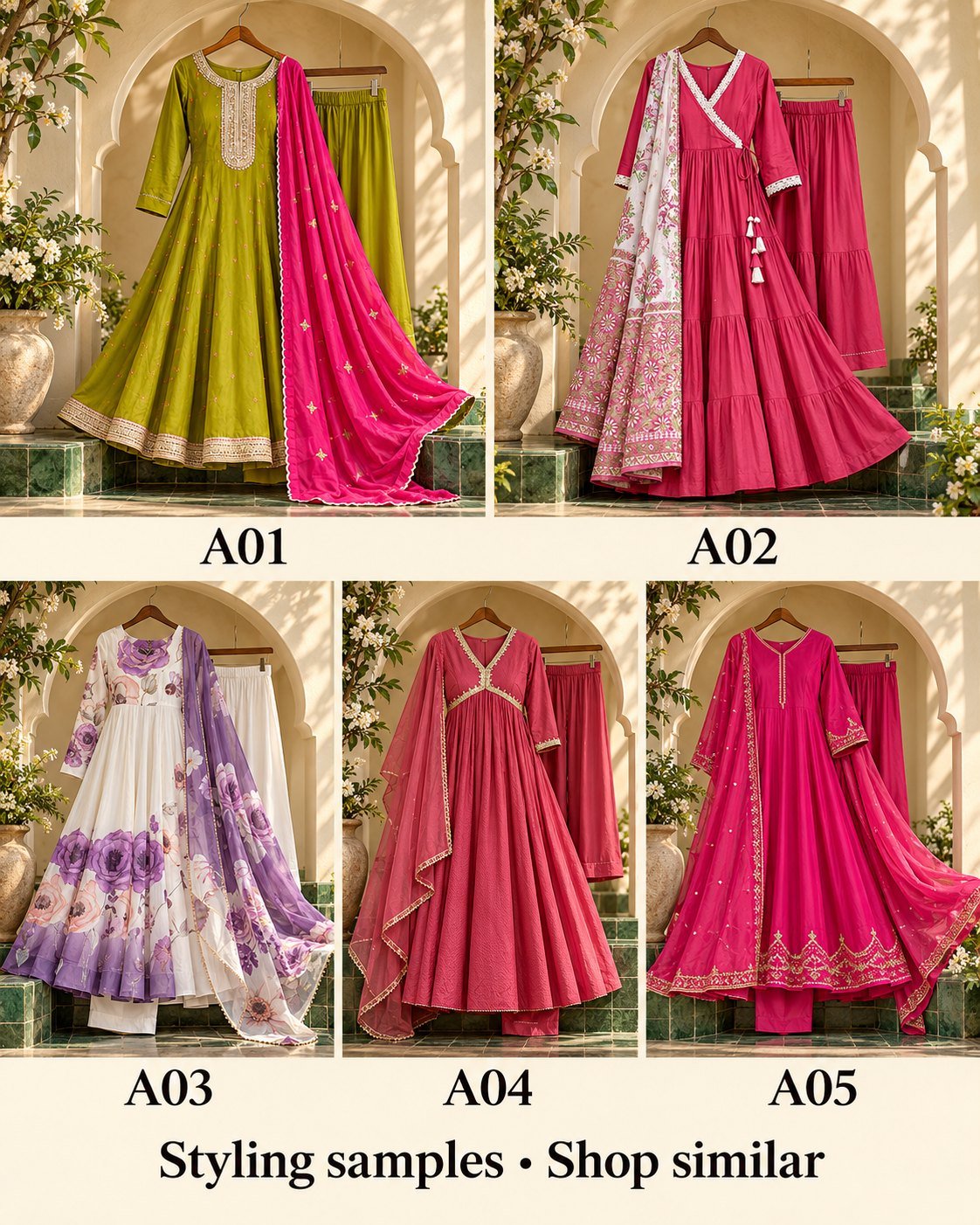 Five anarkali sets styling samples labelled A01 to A05