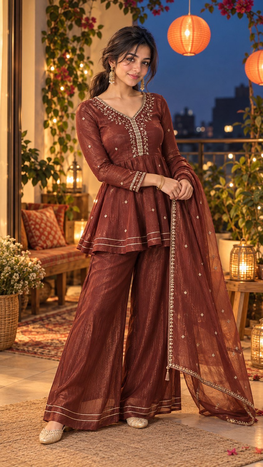 Brown embroidered sharara for evening visits with coordinated existing jewellery and flat footwear