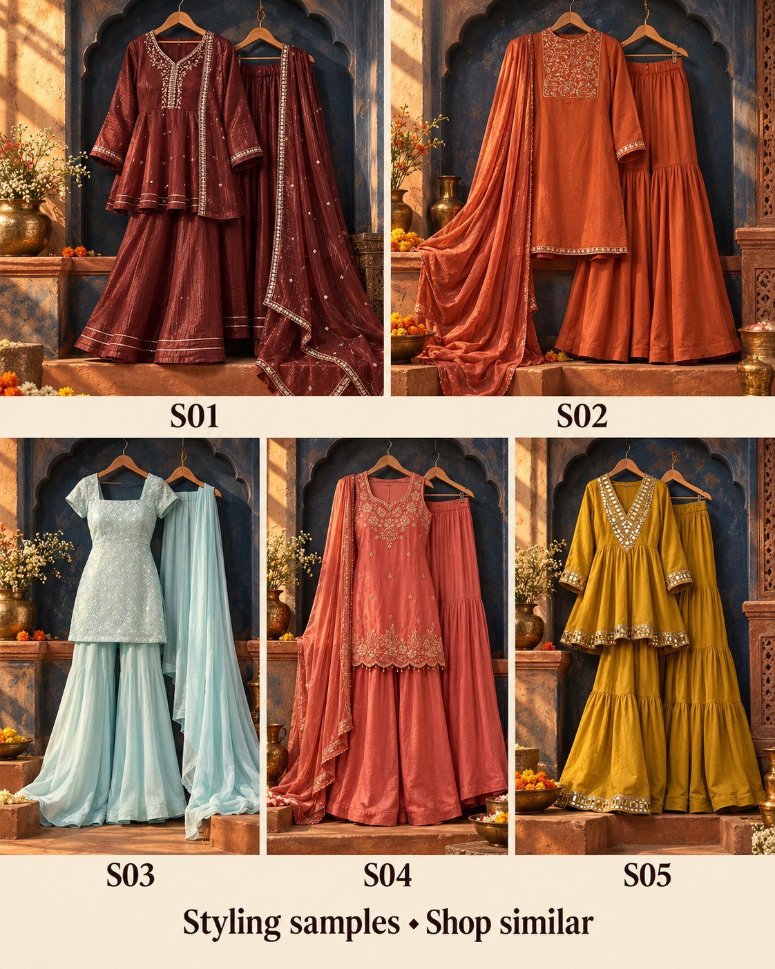 Five sharara sets styling samples labelled S01 to S05