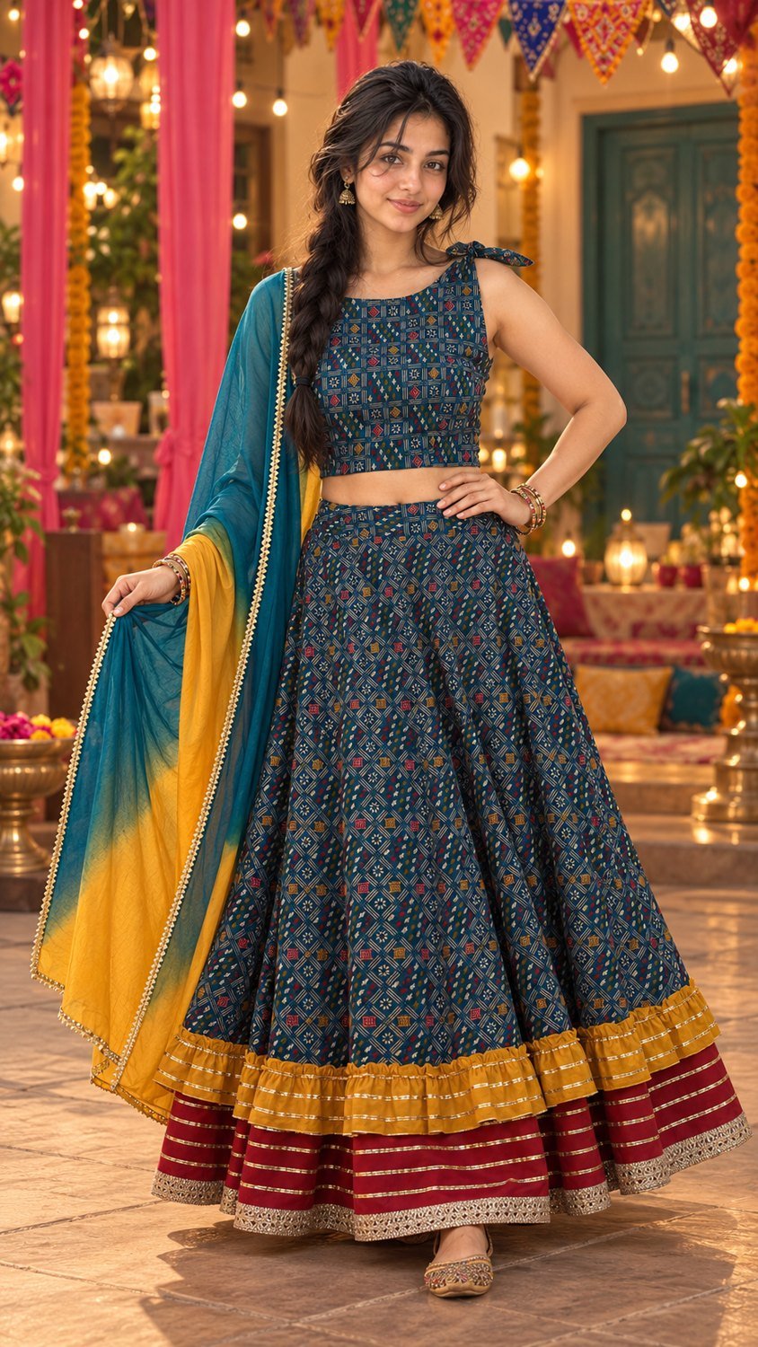 Blue printed lehenga for Dandiya with coordinated existing jewellery and flat footwear
