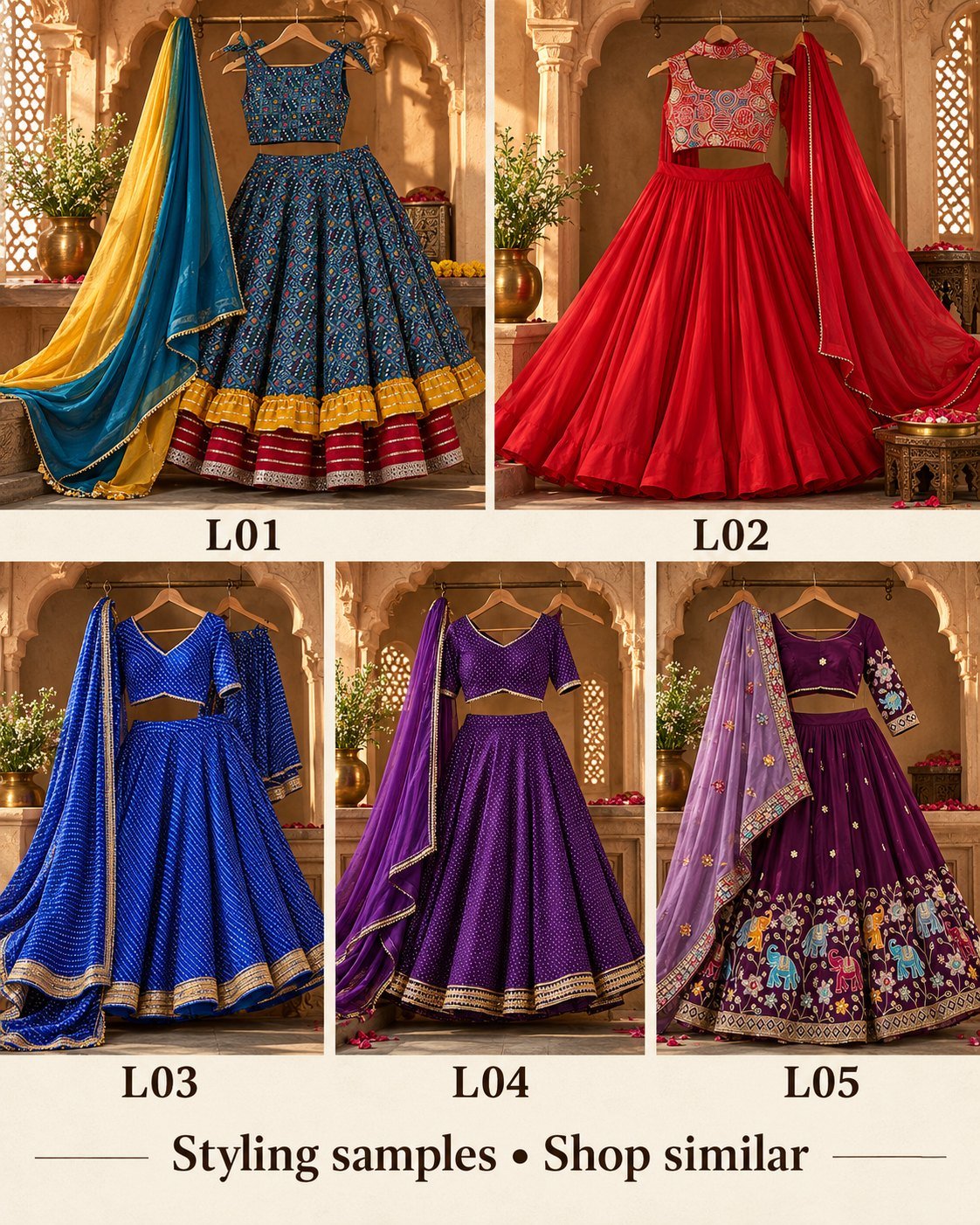 Five ready-to-wear lehenga sets styling samples labelled L01 to L05