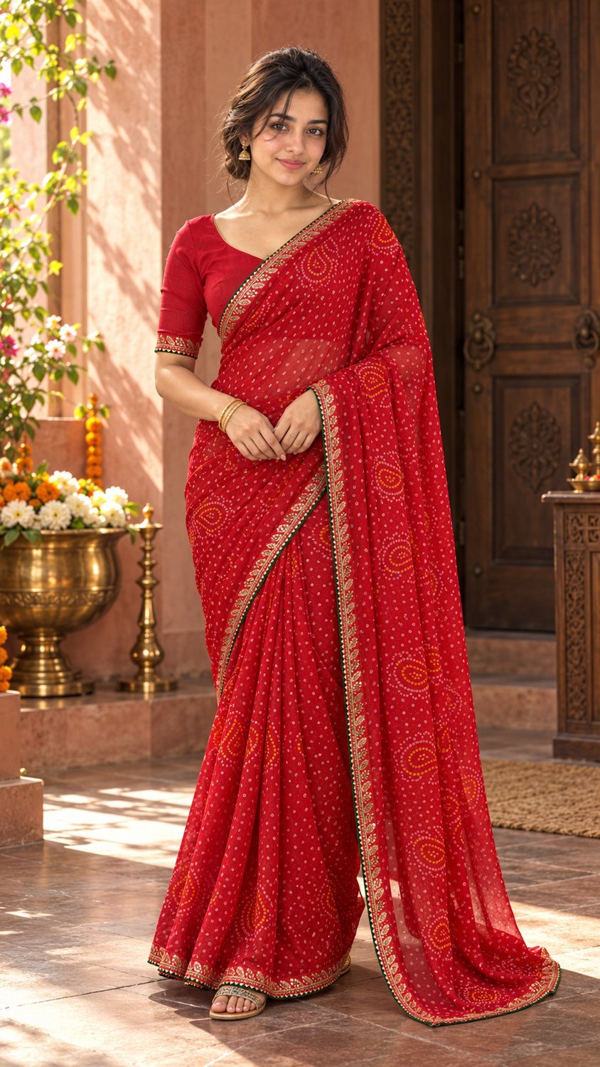 Red Bandhani-print saree for puja visits with coordinated existing jewellery and flat footwear