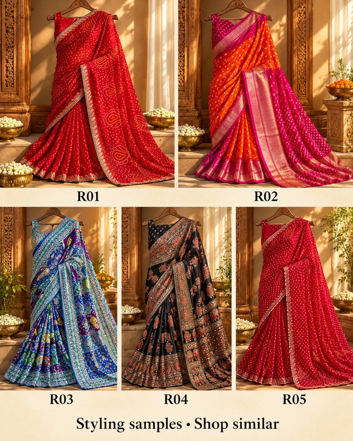 Five bandhani-print sarees styling samples labelled R01 to R05