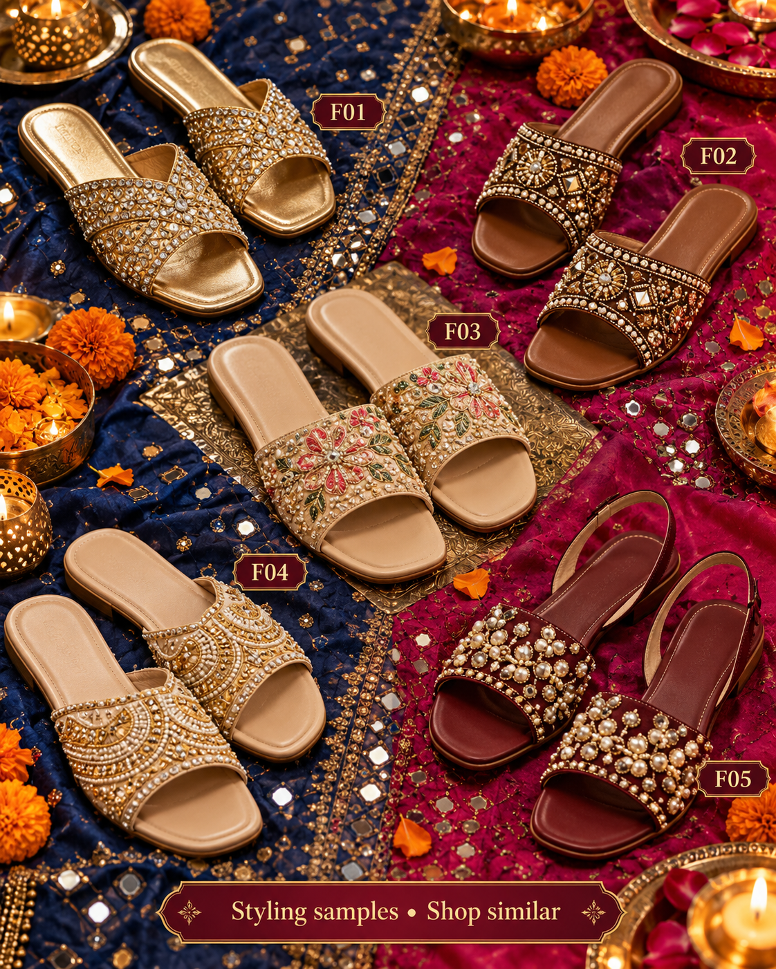 Five numbered embellished-flat styling samples, F01 to F05. Styling samples, shop similar.