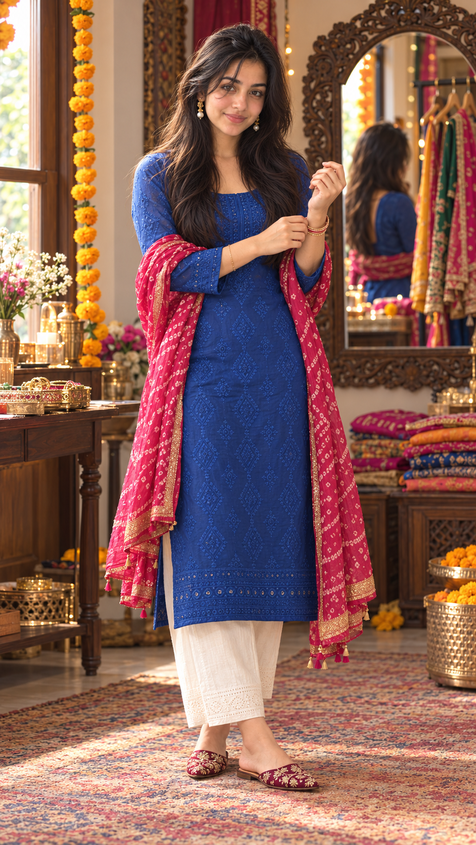 Maya wearing embroidered mules.