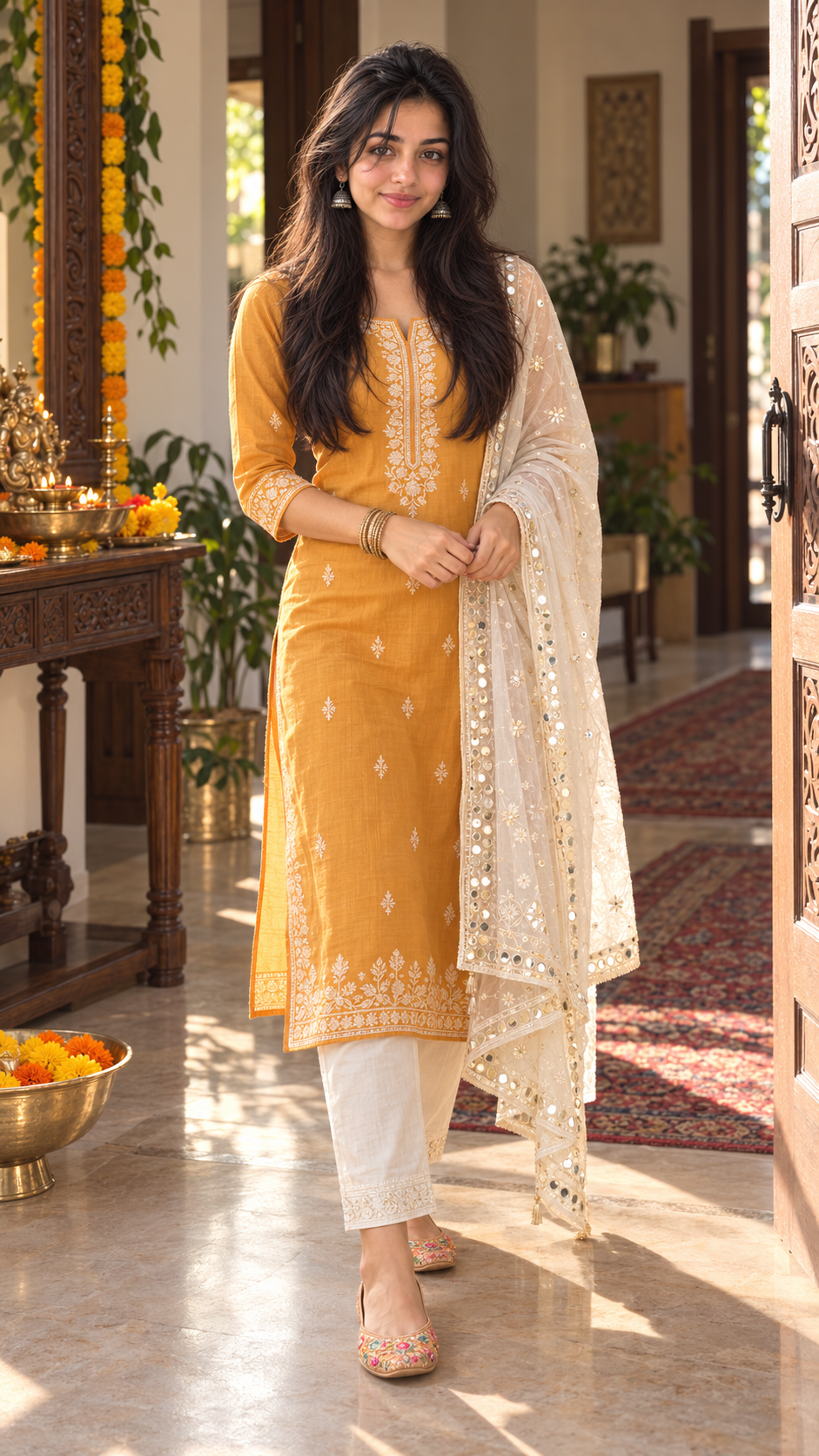 Maya wearing embroidered juttis.