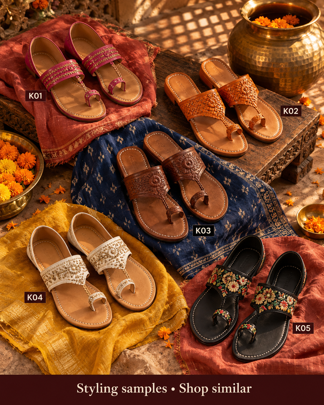 Five numbered Kolhapuri-style styling samples, K01 to K05. Styling samples, shop similar.