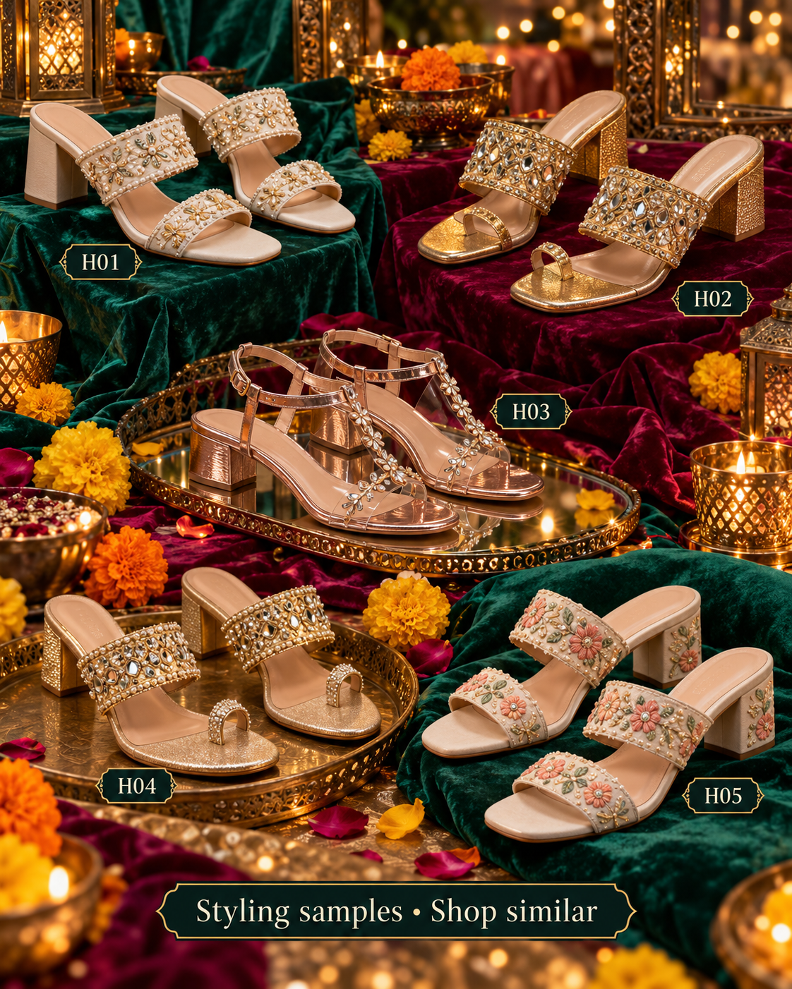 Five numbered low-block-heel styling samples, H01 to H05. Styling samples, shop similar.