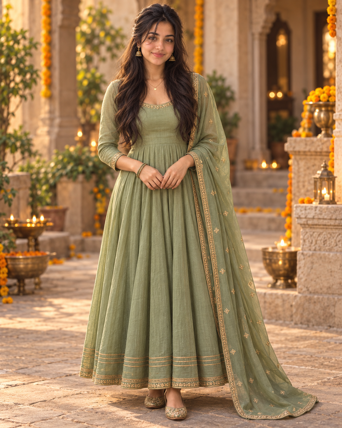 Maya in a softer sage-green anarkali with gold trim
