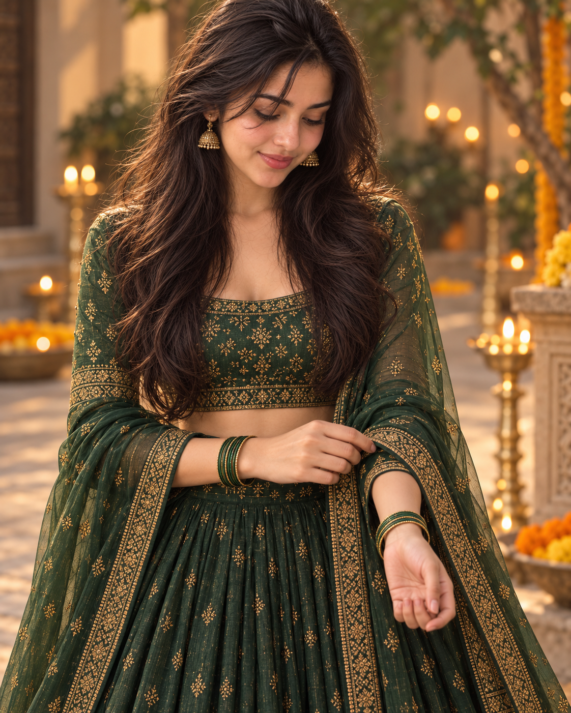 Maya adjusting a sheer green dupatta with antique-gold detail