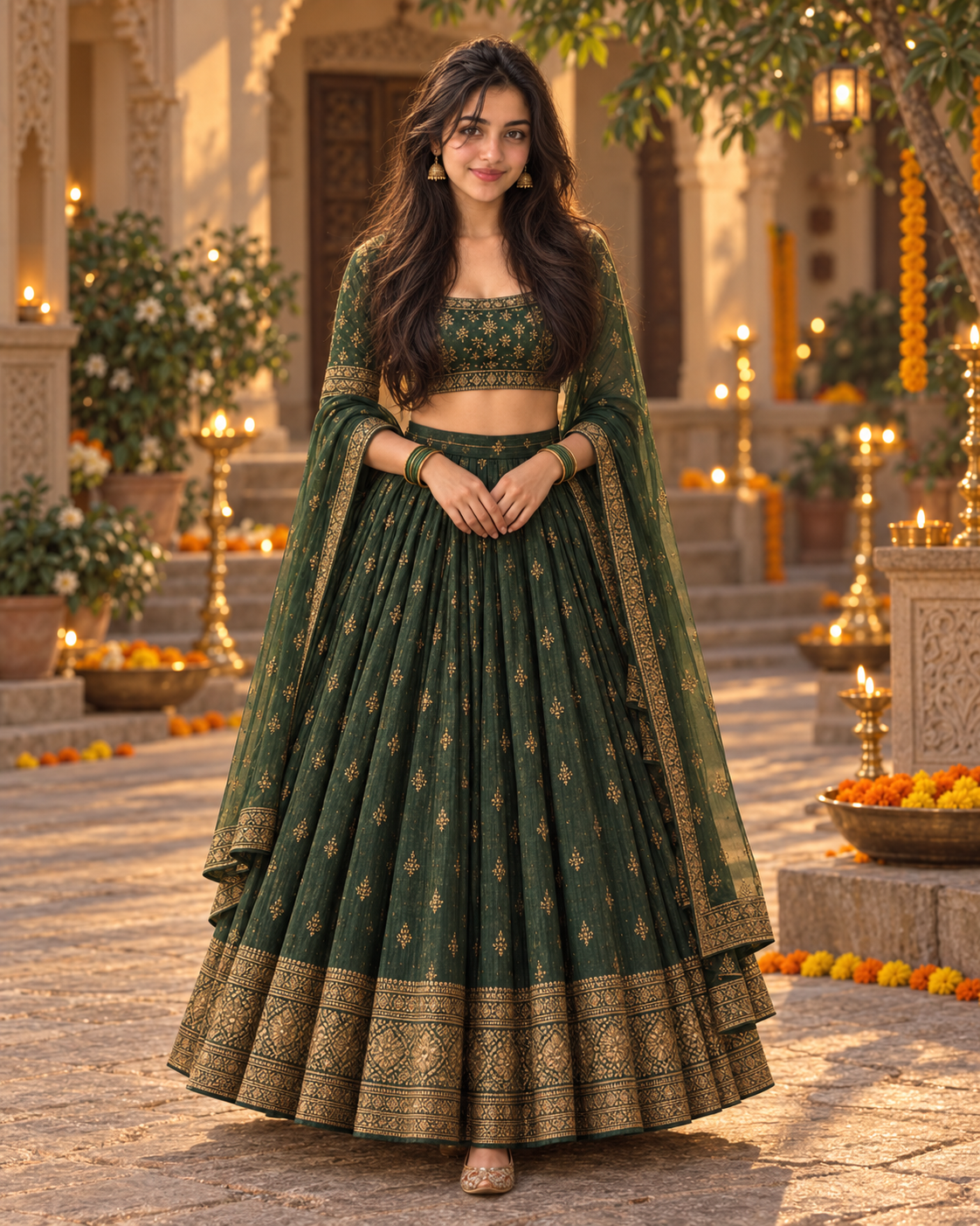 Full view of Maya’s deep green Navratri outfit with gold border